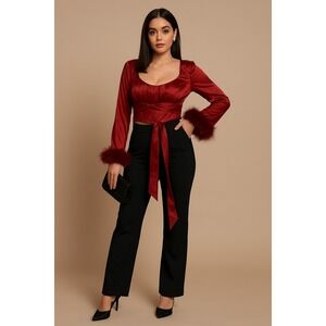 Thirty Thirty Red Satin‎ Feather Cuff Wrap Tie  Top Women's M Y2k glam Holidaya